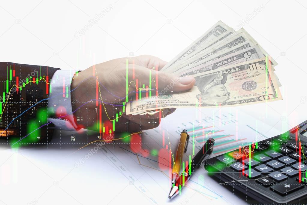 Double exposure of Businessman Pay the US dollar, virtual curren