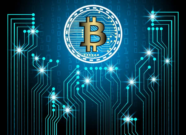 Bitcoin y blockchain tecnología digital, bloque de moneda virtual — Vector de stock