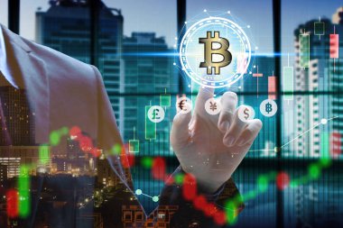 İşadamı dokunmatik sanal bitcoin ve blockch çift pozlama