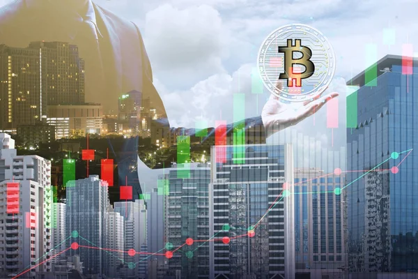 Podwójnej ekspozycji, biznesmen, trzymając bitcoin i blockchai — Zdjęcie stockowe