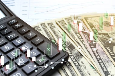 İş hesap makinesi ve kalem ve Doları para çift pozlama 