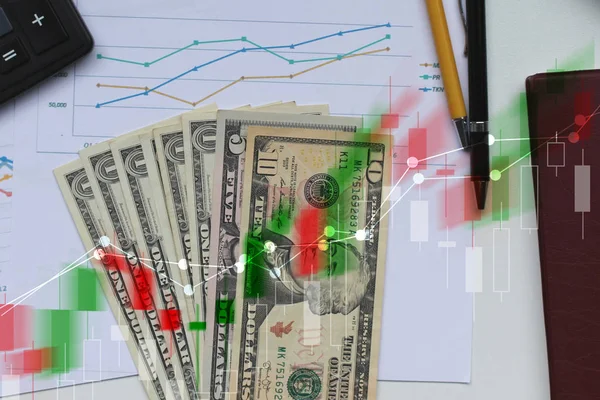 Doppelbelichtung von Geschäftsrechner und Stift und Dollar-Geld — Stockfoto