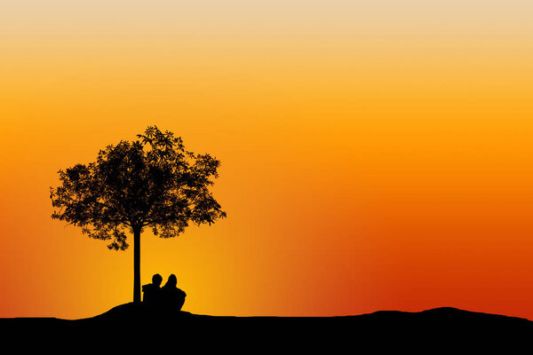 Silhouette of couple man and woman at tree with sunset background. Love concept.