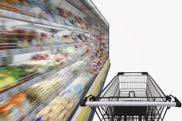 Supermercado pasillo con carro de la compra vacío — Foto de Stock