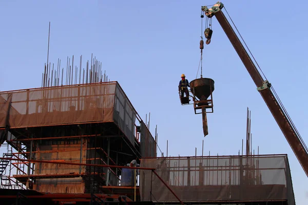 Construction site with crane and building, Industrial construction.