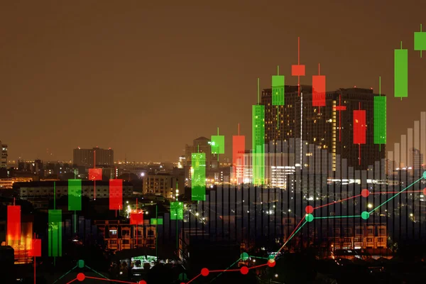 Dupla exposição da paisagem urbana e da bolsa de valores ou gráfico financeiro — Fotografia de Stock