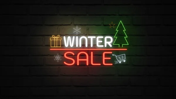 Зимой продается неоновый свет на стене. Продажный баннер с мигающими неоновыми знаками — стоковое фото