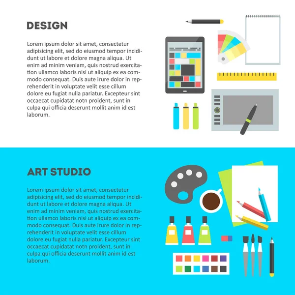 Установка горизонтальных баннеров рабочего места дизайнера с текстом — стоковый вектор