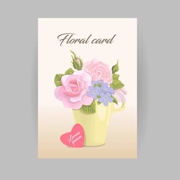 Floral vertical vector romantic card bouquet in cup — Stock Vector