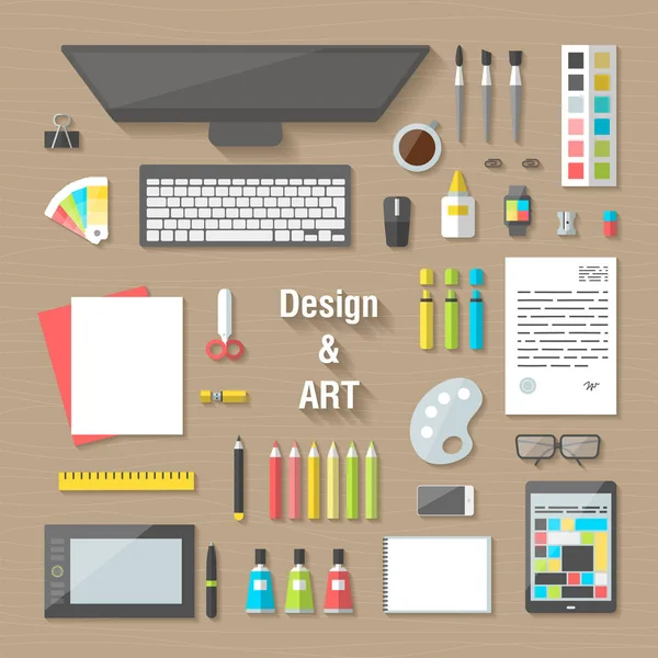 Establecer iconos diseño y arte en el lugar de trabajo — Vector de stock