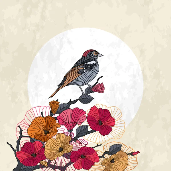 Ramo de floração de cartão abstrato com pássaro — Vetor de Stock