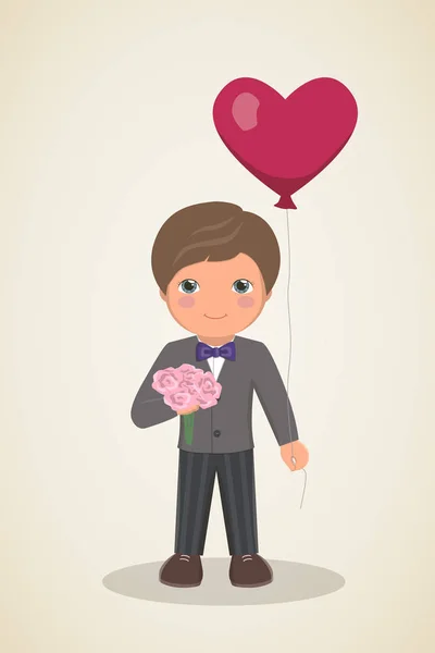 爱的男孩，用手和气球中的花束 — 图库矢量图片