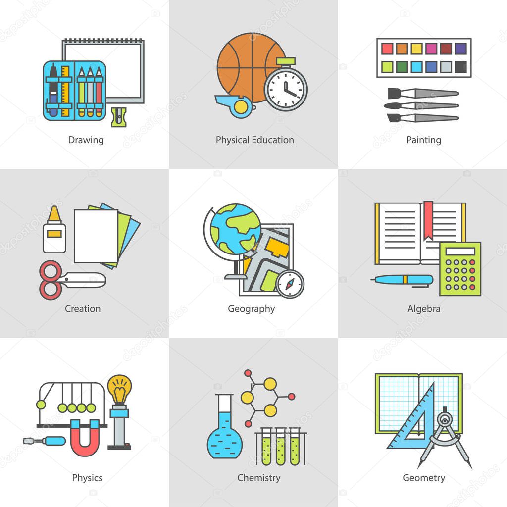 Vector set icon school supplies flat with contour