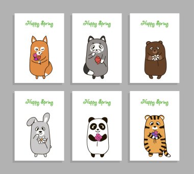 Vektör komik hayvanlar el çizilmiş resim çiçek