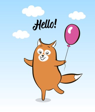 Çizgi film neşeli fox balon ile gülümseyen kartpostal
