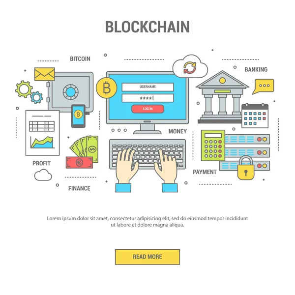 Blockchain conceito financiar banner com bitcoins — Vetor de Stock