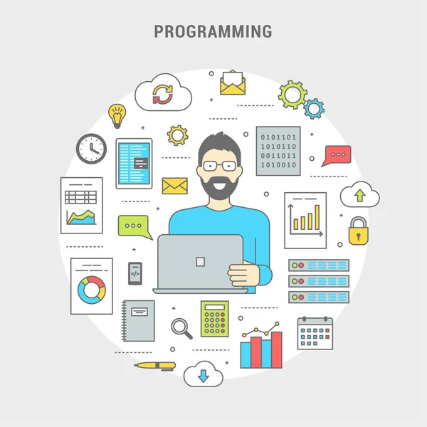 Daire içinde bilgisayar yazılımı oluşturan afiş programcı