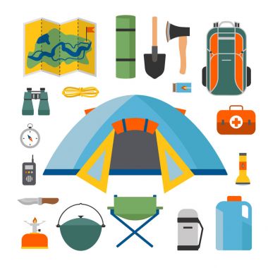 Kamp ve Turizm üzerinde açık bir düz Stil kümesi.