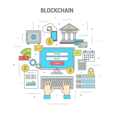 Blockchain kavramı Finans afiş ile bitcoins