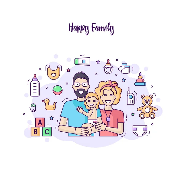 Horizontal moderno banner plana línea de diseño feliz familia — Archivo Imágenes Vectoriales