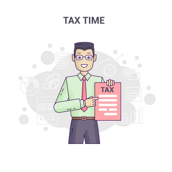 Recordatorio de banner conceptual en el diseño de línea plana de tiempo de impuestos . — Vector de stock