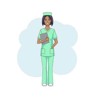 Black female nurse in green uniform clipart