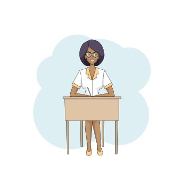 Doktor erkek masada oturur ve yazar.