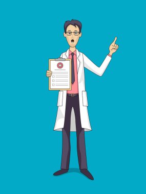 Sağlık sigortası ile beyaz paltolu Asyalı doktor.