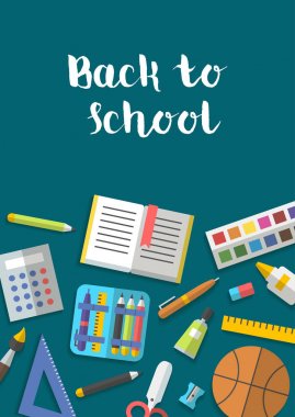 Düz simgeler vektör toplama okul malzemeleri