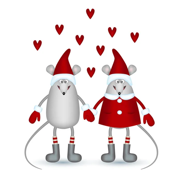 Szürke, boldog egerek, fiú és lány piros sapkában, harisnya és kesztyű, kéz a kézben és piros szívvel. — Stock Vector