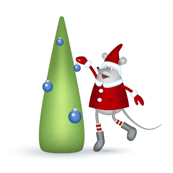 Az év szimbóluma. Rajzfilm szürke egér. Lány egy piros kabát, kalap, zokni és kesztyű díszíti karácsonyfa. — Stock Vector