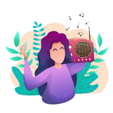 Banner world flat day radio. A young woman listens to the radio in nature.