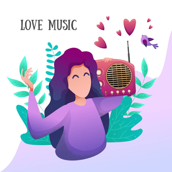 Romantic flat banner. A young girl listens to music in nature.