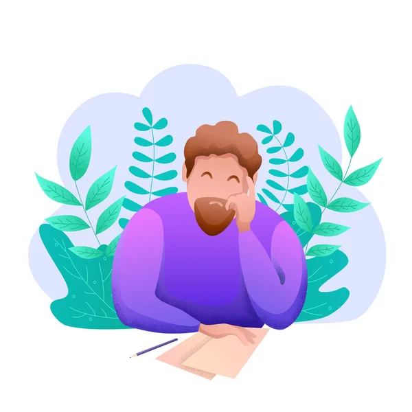 Homme émotionnel devant des feuilles de papier et un crayon parmi les plantes . — Image vectorielle