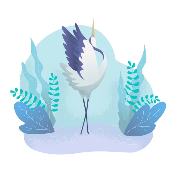 Vit trana dansar i vattnet på en sjö bland växter. Världsfågeldagen. — Stock vektor