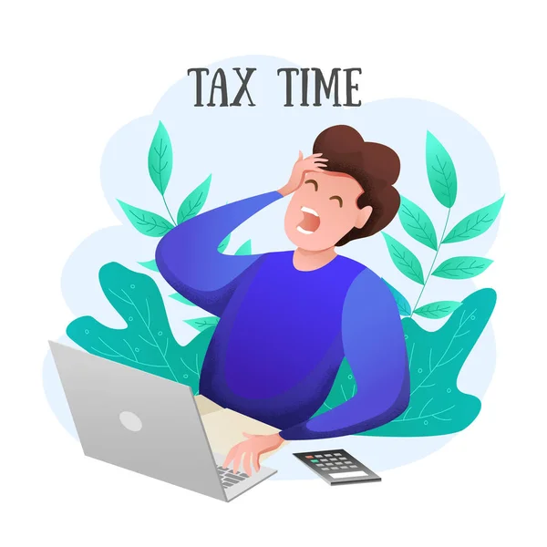 Stressful environment for taxpayer. Man at computer and calculator among plants.