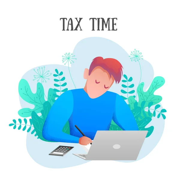 Conceptual modern banner tax time flat design. Young taxpayer performs the calculation. — Stock Vector
