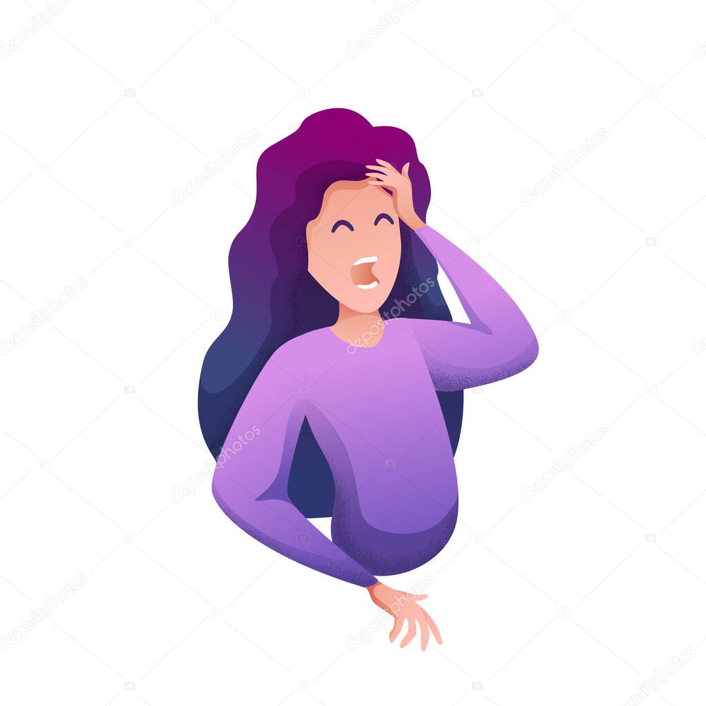 Emotional girl with texture and noise flat design isolated. Frustrated by forgetful young woman holding hand on head, realizes she forgot about doing something important. Vector illustration