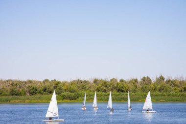 Volga Nehri üzerinde yaz aylarında Yelkenli tekneler