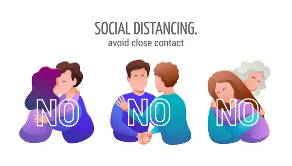 Sociale afstand. Waarschuwing om nauwe contacten te vermijden - kussen, knuffels, handdrukken. — Stockvector