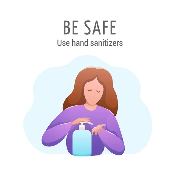 Prévention et protection des virus. Femme utilise un désinfectant pour les mains . — Image vectorielle