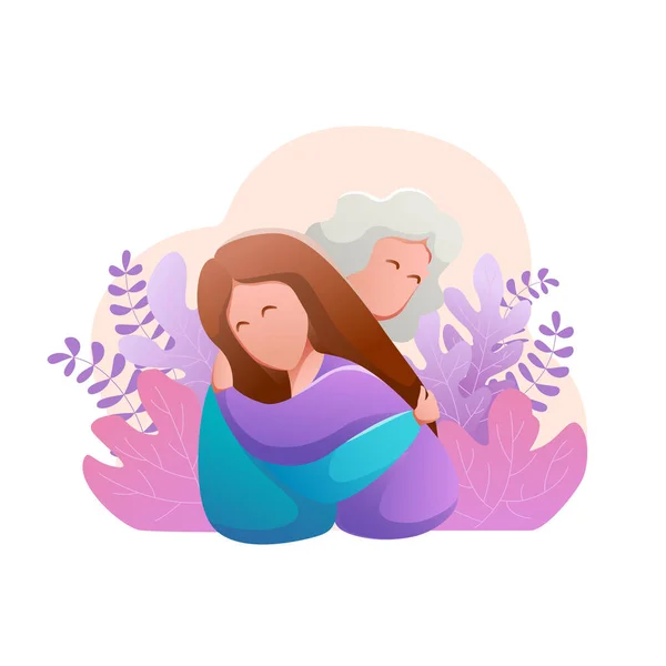 Bonne mère et fille se serrent dans leurs bras. Relations tendres femmes amies . — Image vectorielle