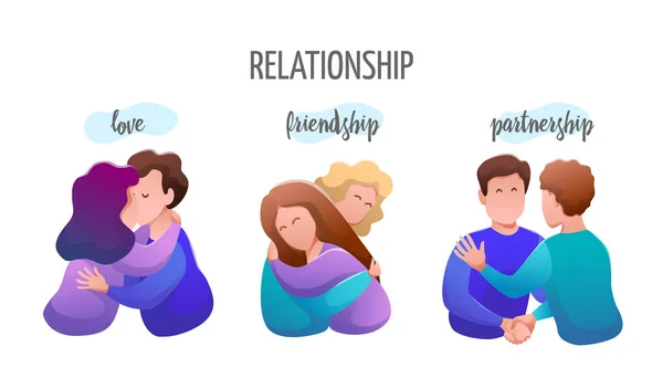 Relación personas banner diseño plano. Conjunto de personas pareja hombre y mujer . — Archivo Imágenes Vectoriales