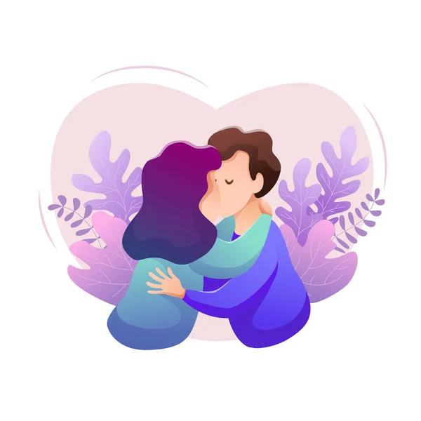 Banner de diseño plano día beso aislado. Feliz joven hombre y mujer abrazarse y besarse . — Archivo Imágenes Vectoriales