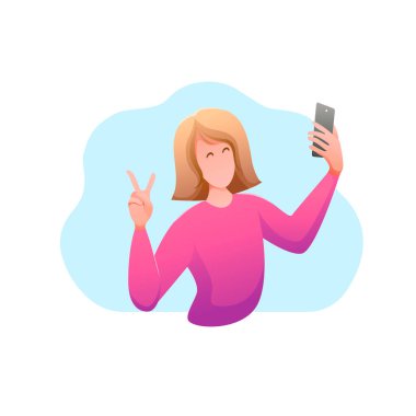 Genç mutlu kız telefonda selfie çekiyor. Blogger akıllı telefondan video çekiyor. Sosyal ağlarda iletişim.