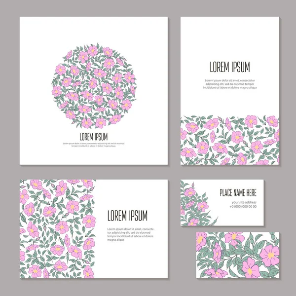 Fleurs, bourgeons et feuilles de rose sauvage sur branche isolée. Modèle de mariage croquis, carte, livret et brochure . — Image vectorielle