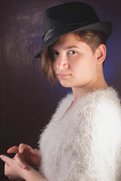 Closeup portrait of beautiful girl in hat , — Stock Photo, Image