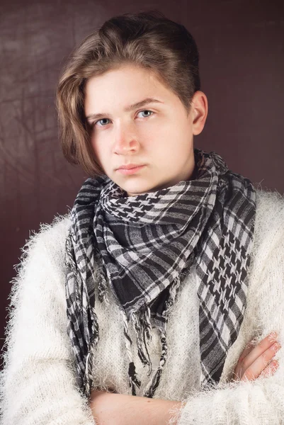 Teen-girl with short hair, is in a white jacket, — Stock Photo, Image