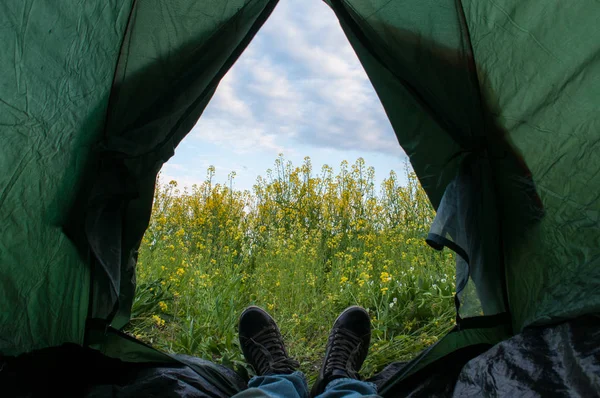 En turist som bor i ett tält med utsikt över raps fält och en molnig himmel, — Stockfoto