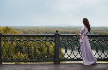 a woman in a light purple dress looking into the distance, clipart